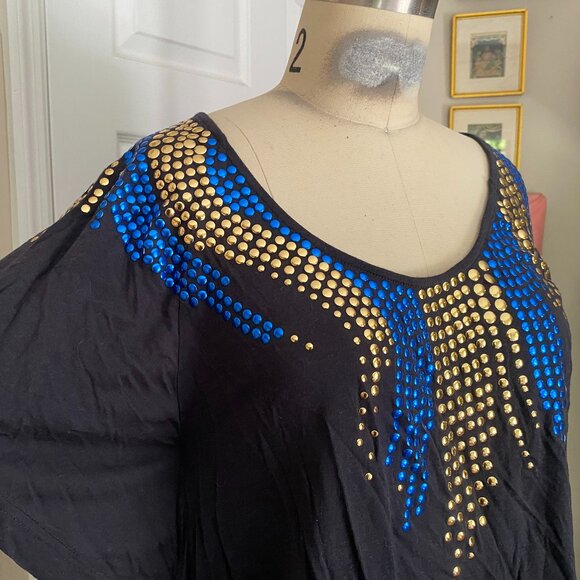 FREE PEOPLE Navy STUDDED Batwing Dolman Y2K Blouse Shirt *SMALL* - Picture 2 of 5